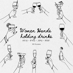 Conjunto de ilustrações de mãos de mulheres desenhadas à mão segurando bebidas, SVG PNG JPG, ícone preto e branco, clipart, rabisco, casamentos, convites - CA001