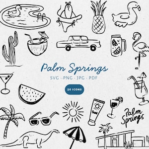 May include: A collection of black and white line art icons depicting Palm Springs themes. Images include a swimming pool, bikini, pineapple, flamingo, cactus, car, cocktail, watermelon, sunglasses, sun, and sunscreen. Text reads "Palm Springs".