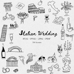 Handgezeichnete italienische Hochzeits-Illustrations Bundle-Set, SVG PNG JPG, Symbol schwarz & weiß, Clipart, kritzeln. Hochzeiten, lädt ein - CA001