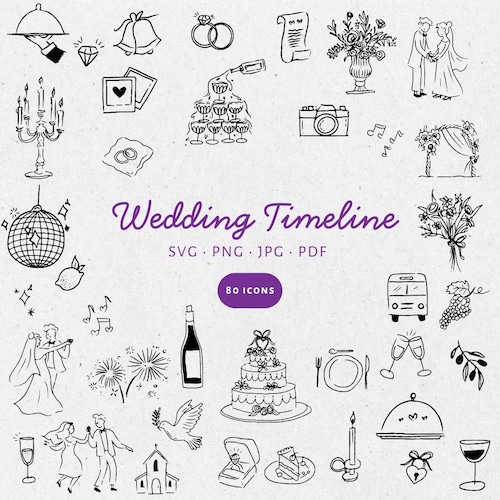 Ensemble d'illustrations dessinées à la main pour un calendrier de mariage (formats SVG, PNG et JPG), icônes noir et blanc, clipart, gribouillis. Mariages, invitations - CA001