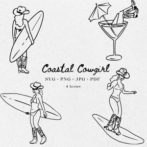 Hand Drawn Coastal Cowgirl Bachelorette Illustration Bundle Set, SVG PNG JPG, Icon Black & White, Clipart, scribble, invites - CA001