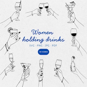 Hand Drawn Women Hands holding drinks Illustration Set, SVG PNG JPG, Icon Black & White, Clipart, scribble, Weddings, invites - CA001