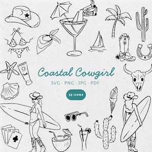 Hand Drawn Coastal Cowgirl Bachelorette Clipart Illustration Bundle Set, SVG PNG JPG, doodle, whimsical. Editable in Canva - CA001