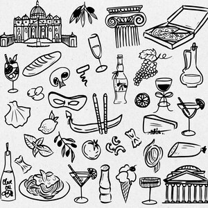 Op de afbeelding: Zwart-witte lijntekening van verschillende Italiaanse thema-items, waaronder eten, architectuur en drankjes. De illustratie bevat een pizza, een gondel, een fles olijfolie, een glas wijn, een masker, een basiliek, een pastagerecht en een fles wijn.