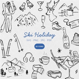 Handgezeichnete Ski Bachelorette Urlaub Illustration Bundle-Set, SVG PNG JPG, Symbol, Clipart, Gekritzel Apres Ski, Winter lädt ein - CA001
