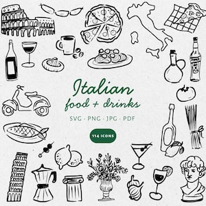 Handgetekende Italiaans eten, drinken en elementen illustratiebundelset, SVG PNG JPG, Clipart, Krabbel. Bruiloften, uitnodigingen, feesten - CA001