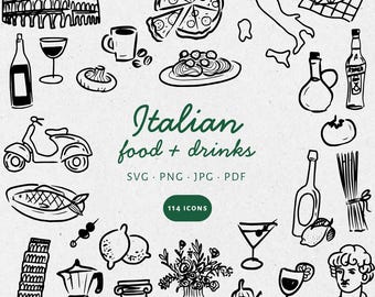 Hand Drawn Italian Food, drinks & elements Illustration Bundle Set, SVG PNG JPG, Clipart, scribble. Weddings, invites, parties - CA001