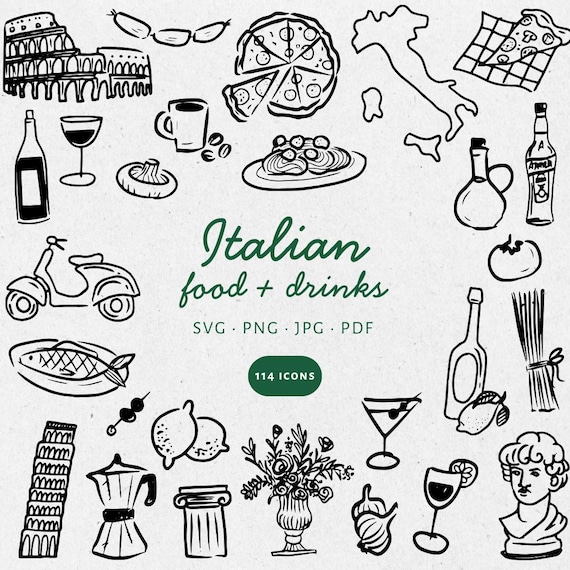 Hand Drawn Italian Food, drinks & elements Illustration Bundle Set, SVG PNG JPG, Clipart, scribble. Weddings, invites, parties - CA001