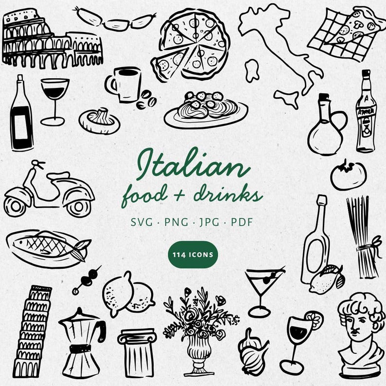 Handgetekende Italiaans eten, drinken en elementen illustratiebundelset, SVG PNG JPG, Clipart, Krabbel. Bruiloften, uitnodigingen, feesten - CA001 afbeelding 1