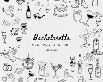 Hand Drawn Bachelorette Illustration Bundle Set, SVG PNG JPG, Icon Black & White, Clipart, scribble, Transparent. Weddings, invites - CA001