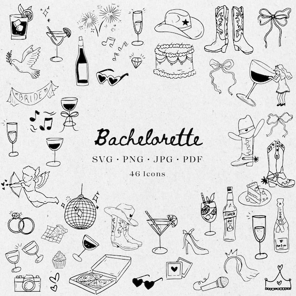 Hand Drawn Bachelorette Illustration Bundle Set, SVG PNG JPG, Icon Black & White, Clipart, scribble, Transparent. Weddings, invites - CA001