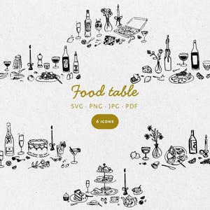 Hand Drawn Food Table Illustration Bundle Set, SVG PNG JPG, Icon Black & White, Clipart, scribble, Wedding, bachelorette, birthdays - CA001