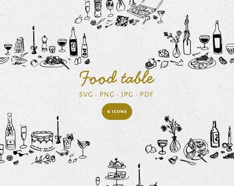 Hand Drawn Food Table Illustration Bundle Set, SVG PNG JPG, Icon Black & White, Clipart, scribble, Wedding, bachelorette, birthdays - CA001