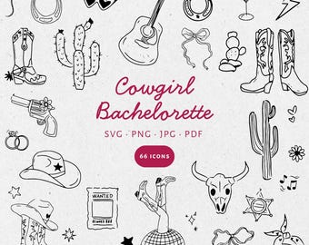 Hand Drawn Cowgirl Bachelorette Illustration Bundle Set, SVG PNG JPG, Icon Black & White, Clipart, scribble. Weddings, invites - CA001