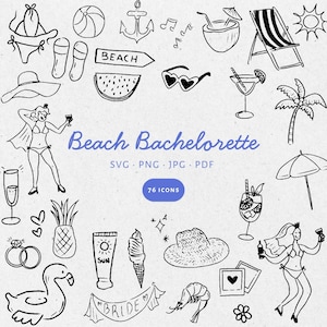Handgetekende strand vrijgezellenfeest illustratie bundelset, SVG PNG JPG, pictogram zwart-wit, clipart, Krabbel. Bruiloften, uitnodigingen - CA001