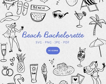Hand Drawn Beach Bachelorette Illustration Bundle Set, SVG PNG JPG, Icon Black & White, Clipart, scribble. Weddings, invites - CA001