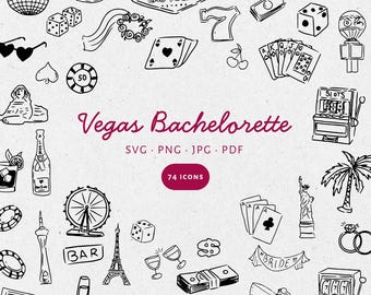 Hand Drawn Vegas Bachelorette Illustration Bundle Set, SVG PNG JPG, Black & White, Clipart, scribble, Transparent. Weddings, invites - CA001