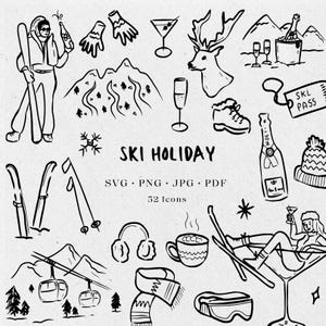 Conjunto de ilustraciones de vacaciones de despedida de soltera de esquí dibujadas a mano, SVG, PNG, JPG, icono, clipart, garabatos para après ski, invitaciones de invierno - CA001