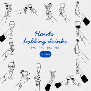 Hand Drawn Hands holding drinks Illustration Set, SVG PNG JPG, Icon Black & White, Clipart, scribble, Transparent. Weddings, invites - CA001