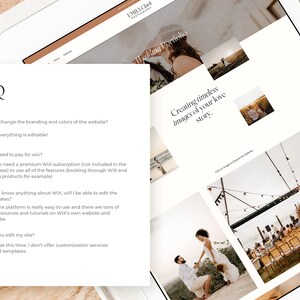 May include: A frequently asked questions section on a website for a wedding photographer. The text asks questions about the website, the platform used to build the website, and customization options. The website is designed with a minimalist aesthetic and features a light brown background with black text.