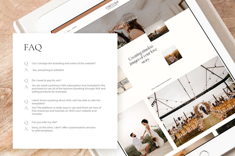 May include: A frequently asked questions section on a website for a wedding photographer. The text asks questions about the website, the platform used to build the website, and customization options. The website is designed with a minimalist aesthetic and features a light brown background with black text.