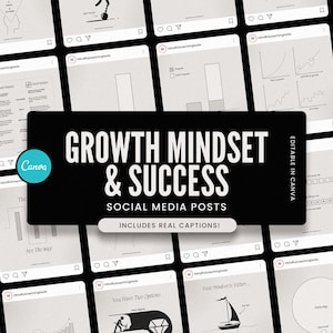 Könnte beinhalten: Ein Satz von 16 Social-Media-Post-Vorlagen für Canva mit Schwarzweißillustrationen und Text zum Thema Growth Mindset und Erfolg. Der Text enthält Sätze wie "The Power of Yet", "A Hot Cup of Success" und "Your Mindset is Either..."