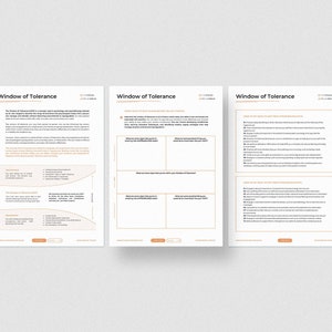 May include: Three pages of a worksheet titled "Window of Tolerance" with text and diagrams explaining the concept of the window of tolerance. The worksheet includes a list of things that can help to increase the window of tolerance and a list of things that can help to decrease the window of tolerance.