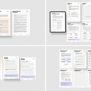 May include: A set of printable worksheets for mindfulness exercises. The worksheets include sections for mindful working meditation, grounding techniques, making mindful choices, and mindfulness against limiting beliefs.
