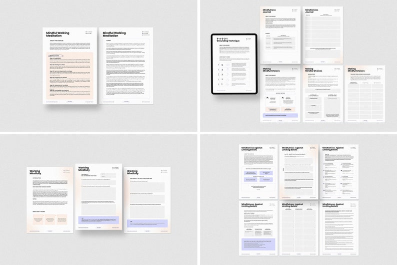 May include: A set of printable worksheets for mindfulness exercises. The worksheets include sections for mindful working meditation, grounding techniques, making mindful choices, and mindfulness against limiting beliefs.