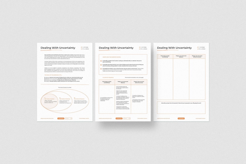 May include: Three worksheets titled "Dealing With Uncertainty" with instructions on how to deal with uncertainty. The first worksheet includes a Venn diagram with three overlapping circles. The second worksheet has a table with three columns titled "Things you can control", "Things you can't control", and "Things you can adapt to", with examples listed in each column. The third worksheet has a table with three columns titled "What have you learned?", "Things you can control and influence", and "Things you can adapt to and adjust", with blank spaces for the user to fill in.