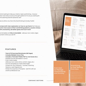 May include: A laptop computer displaying a digital product with the title "Overthinking & Anxiety Toolkit". The product includes 22 exercises and worksheets to help manage overthinking and anxiety. The toolkit is fully customizable and includes a premade fillable PDF.