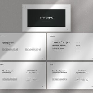 May include: A typography guide with the title "Typography" and the text "Brand Typography et it's Purpose", "The Montserrat Font Family", "Inknut Antiqua", "Montserrat Semibold", "Montserrat Regular", "Montserrat Italic", and "Inknut Antiqua et Montserrat Semibold".