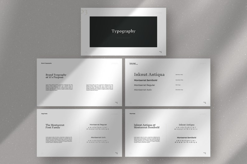 May include: A typography guide with the title "Typography" and the text "Brand Typography et it's Purpose", "The Montserrat Font Family", "Inknut Antiqua", "Montserrat Semibold", "Montserrat Regular", "Montserrat Italic", and "Inknut Antiqua et Montserrat Semibold".