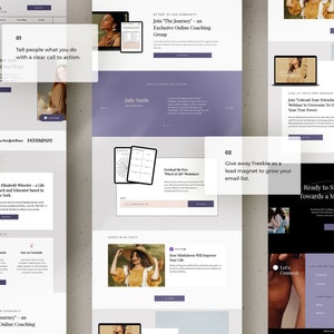 May include: Website screenshot showing a purple and white color scheme with text that reads "Join "The Journey" - an Exclusive Online Coaching Group". The website also features a photo of a woman with a purple background.