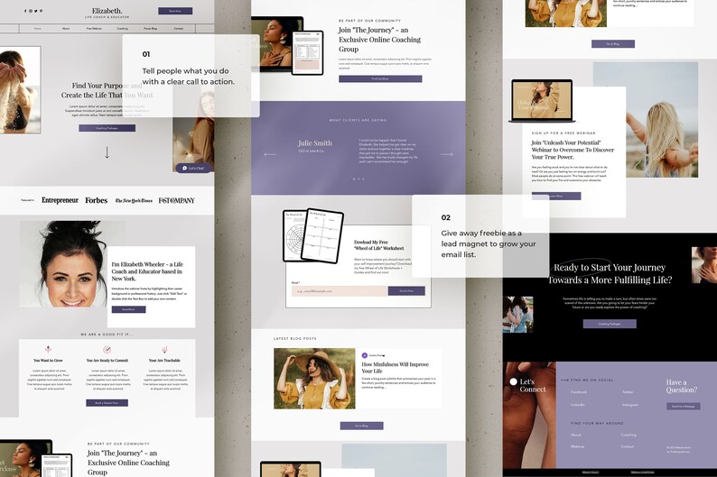May include: Website screenshot showing a purple and white color scheme with text that reads "Join "The Journey" - an Exclusive Online Coaching Group". The website also features a photo of a woman with a purple background.
