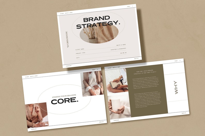 May include: A workbook titled "Brand Strategy" with a beige background and black text. The workbook includes sections for "Why", "Finding Your Brand's Core", and "Brand Strategy".