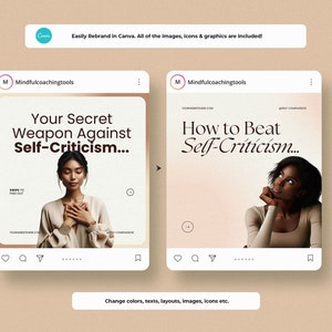 May include: Two Instagram post designs with a pink background. The first post features a woman with her hands on her chest and the text "Your Secret Weapon Against Self-Criticism..." The second post features a woman looking up with her hand on her chin and the text "How to Beat Self-Criticism..."
