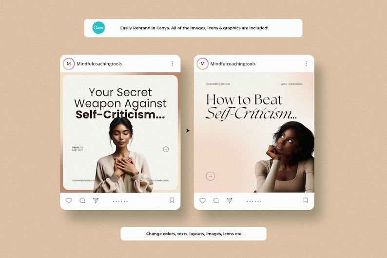 May include: Two Instagram post designs with a pink background. The first post features a woman with her hands on her chest and the text "Your Secret Weapon Against Self-Criticism..." The second post features a woman looking up with her hand on her chin and the text "How to Beat Self-Criticism..."