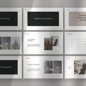 May include: A presentation slide deck with a black background and white text. The text on the slides includes "Images et Mood", "Values et Character", "Transparent. Compassionate. Excellent.", "Social et Messaging", "Be Smart but Be Bold", and "Feed Inspiration".