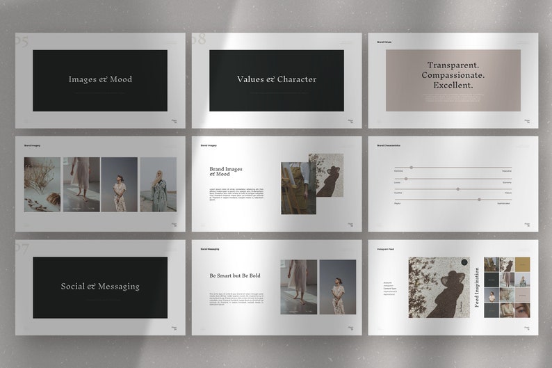 May include: A presentation slide deck with a black background and white text. The text on the slides includes "Images et Mood", "Values et Character", "Transparent. Compassionate. Excellent.", "Social et Messaging", "Be Smart but Be Bold", and "Feed Inspiration".