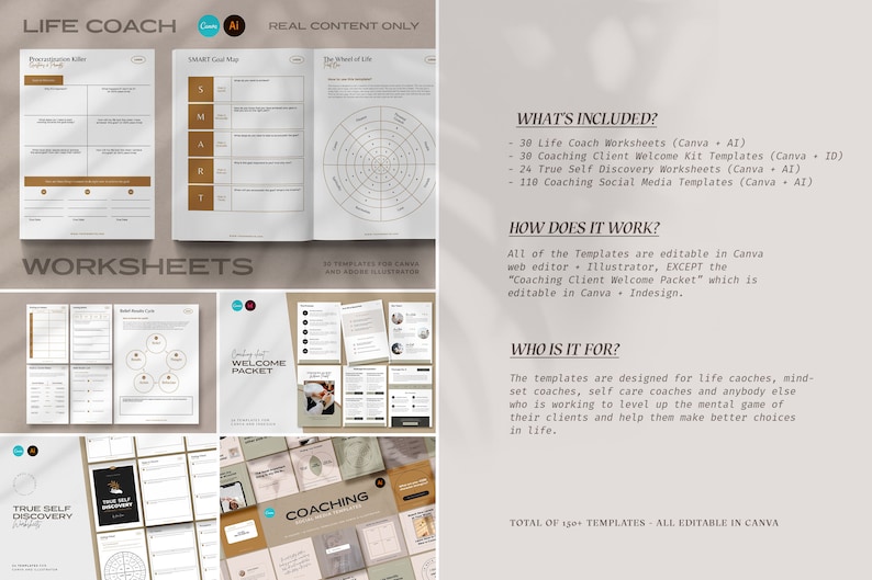 4 in 1 - Self Care Coaching BUNDLE / Therapy Worksheet Templates / Life ...
