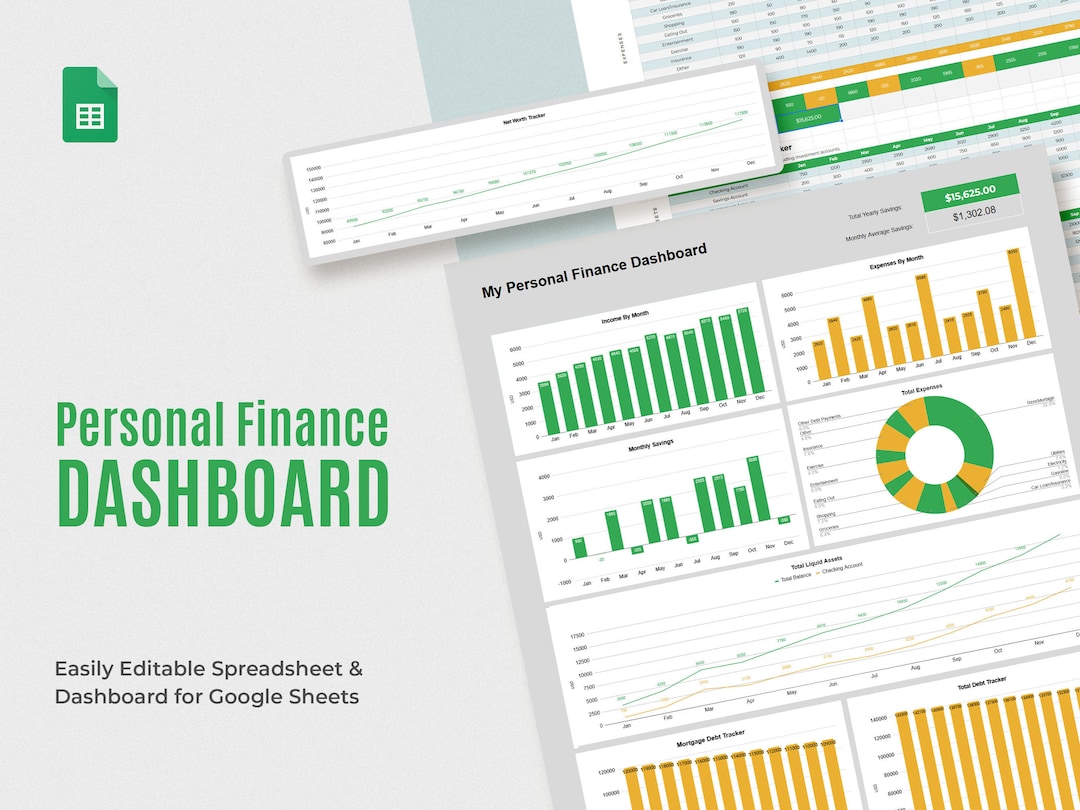 Personal Finance Dashboard for Google Sheets / Editable Savings Tracker
