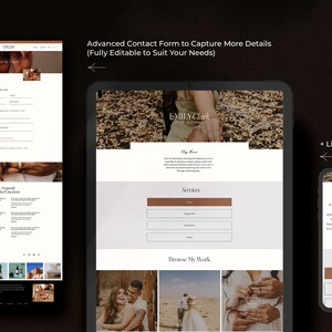May include: A website for a photographer named Emily Clark. The website features a contact form, a section about her services, and a gallery of her work. The website is designed in a minimalist style with a brown and white color scheme.