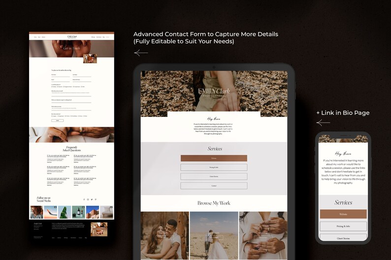 May include: A website for a photographer named Emily Clark. The website features a contact form, a section about her services, and a gallery of her work. The website is designed in a minimalist style with a brown and white color scheme.