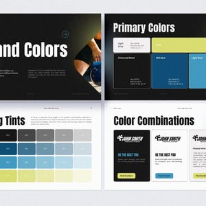 Puede incluir: Una presentaci&oacute;n de diapositivas con el t&iacute;tulo "Brand Colors" en texto blanco sobre un fondo negro. La diapositiva tambi&eacute;n muestra "Primary Colors", "Using Tints" y "Color Combinations". La paleta de colores incluye gris claro, negro carb&oacute;n, azul medio y azul claro.