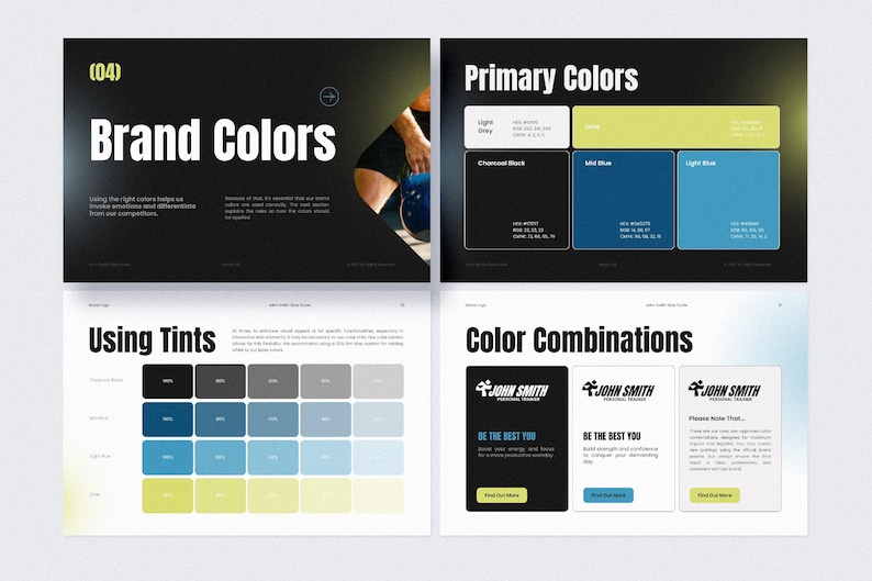 Puede incluir: Una presentaci&oacute;n de diapositivas con el t&iacute;tulo "Brand Colors" en texto blanco sobre un fondo negro. La diapositiva tambi&eacute;n muestra "Primary Colors", "Using Tints" y "Color Combinations". La paleta de colores incluye gris claro, negro carb&oacute;n, azul medio y azul claro.