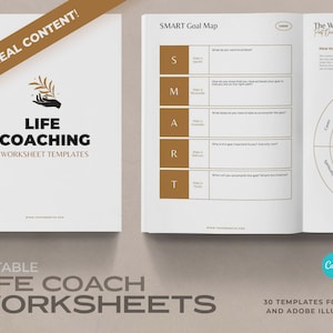Peut inclure: Un ensemble de 30 feuilles de travail d'entraînement de vie imprimables pour Canva et Adobe Illustrator. Les feuilles de travail comprennent une carte d'objectifs SMART et un modèle de roue de la vie. Les feuilles de travail sont conçues pour vous aider à fixer des objectifs, à suivre vos progrès et à réaliser vos rêves.
