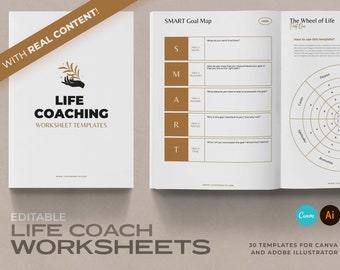 Life Coach Worksheet Bundle CANVA / Therapy Tools and Worksheets / Wheel of Life / Goal Setting Planners