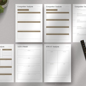 May include: Five blank printable worksheets for competitor analysis, AIDA model, and SWOT analysis. Each worksheet has a title and several sections with lines for writing.