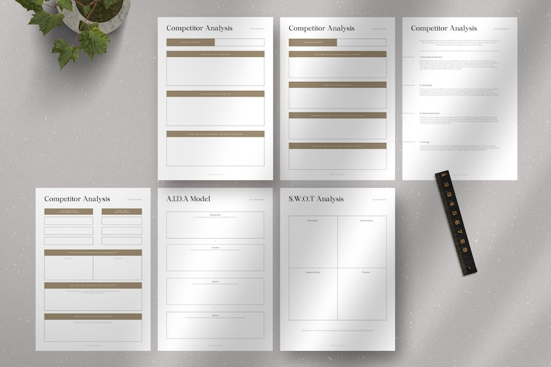 May include: Five blank printable worksheets for competitor analysis, AIDA model, and SWOT analysis. Each worksheet has a title and several sections with lines for writing.